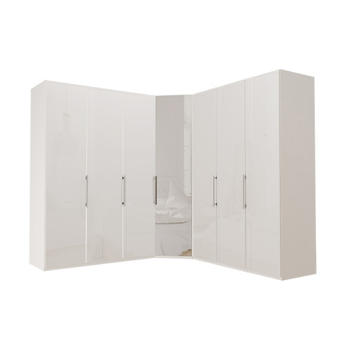 Garderob Atlanta - Vit 150 + hörn + 150, 216 cm, Vitt glas